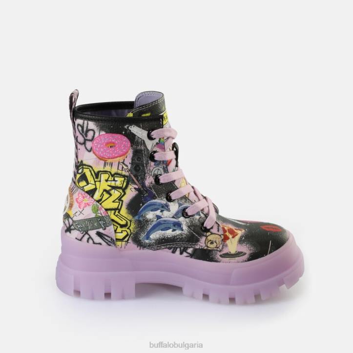 aspha lace up hi ankle boot vegan DRV436 лилаво/черни графити Buffalo |ботуши